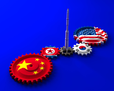 左下から、中国、北朝鮮、韓国、アメリカの国旗を模した歯車の図。