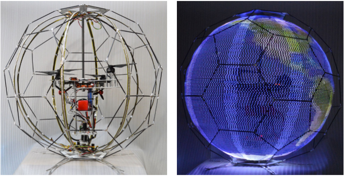 浮遊球体ドローンディスプレイ」の外観（左）と点灯時（NTTドコモ発表資料より）