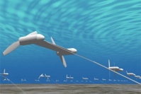 水中浮遊式海流発電システムの海中での設置イメージ。（画像：新エネルギー・産業技術総合開発機構、IHI共同発表資料より）