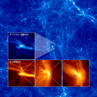 シミュレーションより得られたブラックホール形成時のダークマター分布（背景）とガス分布（内側下３パネル）。（画像：東京大学発表資料より）