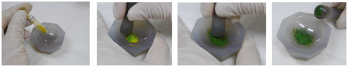 フルオレニリデン-アクリダンの色の変化。乳鉢ですりつぶすと黄色から濃い緑色に変化する。（画像：東京大学発表資料より）