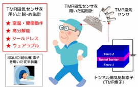 TMR磁気センサを用いた脳磁計の概念図(写真:東北大学の発表資料より) TMR磁気センサを用いた脳磁計の概念図(写真:東北大学の発表資料より)