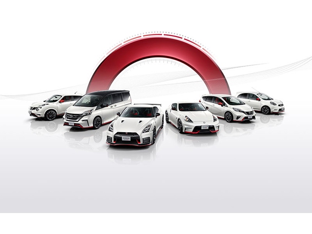 NISMOロードカー・ラインアップ、左から「ジュークNISMO」「セレナNISMO」「NISSAN GT-R NISMO」「フェアレディZ NISMO」「ノートNISMO」、「マーチNISMO」の6車種