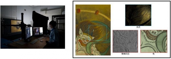 質感記録撮影の風景（左）と、質感要素データ（右）。（画像：凸版印刷発表資料より）