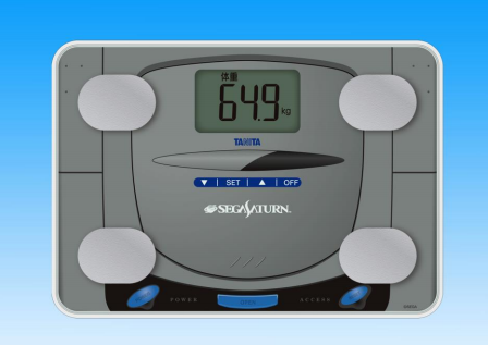 往年の次世代ゲーム機のデザインを忠実に再現した「セガサターン体組成計」。（画像:タニタ発表資料より）