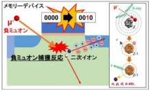 負ミュオンが半導体メモリデバイスに入射し、負ミュオン捕獲反応で発生した二次イオン（陽子やヘリウム等）により電荷が付与されて、ビット情報反転が生じる現象の模式図。（画像:九州大学発表資料より）