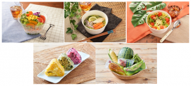 写真上段左から「1日分の野菜が摂れる12品目のサラダ」「鶏だしで食べるズッキーニヌードル」「生野菜を掛けて食べるタコライス」写真下段左から「もち麦入り野菜おにぎり　かぼちゃとチーズ・ケールと青じそ・ビーツと梅」「お野菜パン　焼きとうもろこしパン（ペッパーコーンマヨ）・すいか蒸しパン・枝豆パン（枝豆ベーコンチーズ）」。（画像:ローソン発表資料より）
