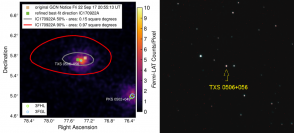 ニュートリノから特定された放射源となる天体「ブレーザー」とその周辺画像（写真：広島大学発表資料より）