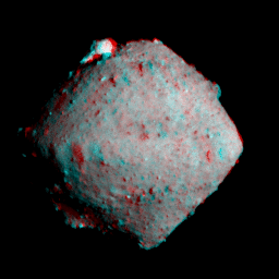 立体的に目視可能な、リュウグウの全体像。赤、青2色からなるメガネで、立体的に見える（クレジット: JAXA、会津大、東京大、高知大、立教大、名古屋大、千葉工大、明治大、産総研）