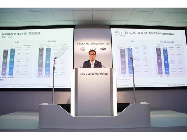 2018年4月?6月の決算について説明する日産自動車の田川丈二・常務執行役員