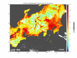 2018年8月1日の10:40頃に観測された地表面温度。なお、白色の領域は雲域を示している。(c) JAXA