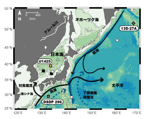 U1425地点（黄色四角）で採取された海底堆積物試料のネオジム同位体比を分析した。（画像:富山大学発表資料より）