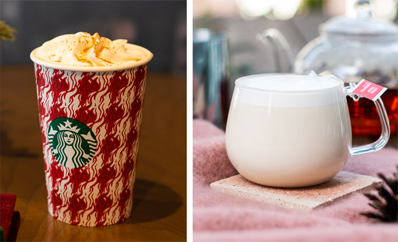 「ジンジャーブレッド ラテ」（左）と「ジョイフルメドレー ティー ラテ」