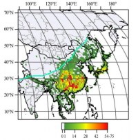 遺存植物のうち東アジア固有属の確認種数。水色の線は夏季モンスーン（湿潤気候）の限界。Tang et al. （2018）より引用。（画像:千葉大学発表資料より）