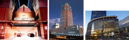 モバイル決済サービスが導入される大阪新阪急ホテル(左)、ホテル阪急インターナショナル(中)、グランフロント大阪(右)（阪急阪神ホールディングスの発表資料より）