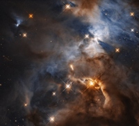 ハッブル宇宙望遠鏡で撮像したへび座。右上に恒星HBC 672により発生した「コウモリの影」を観測できる。 (c) NASA, ESA, and STScI