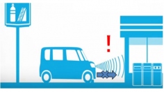 車につけたセンサーが障害物を感知し、急発進するとエンジンの出力を抑えるイメージ図（画像：ダイハツ工業の発表資料より）