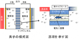 熱電バッテリー素子の模式図(左図)および原理を示す図(右図)(写真:東北大学の発表資料より) 熱電バッテリー素子の模式図(左図)および原理を示す図(右図)(写真:東北大学の発表資料より)