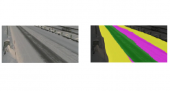 入力画像（左）と独自AIモデルによる認識結果（右）。黄色：積雪42.0%、ピンク色：圧雪 25.7%、緑色：黒シャーベット 32.3%となっている。（画像: ウェザーニューズの発表資料より）