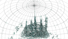 1958年2月11日夜7時に気象庁地磁気観測所女満別出張所でスケッチされた図を座標変換したもの。中心が真北。仰角と方位角のグリッドは10度間隔。（画像:国立極地研究所発表資料より）