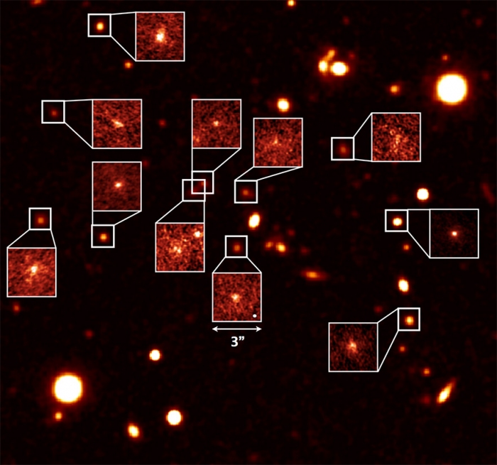 すばる望遠鏡が明らかにした約110億年前の星が形成中の銀河 （c） 国立天文台