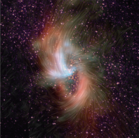 天の川銀河中心のブラックホール周辺の磁場の流れを重ね合わせた画像。中心へと流れる磁場（青線）のほかに、周辺へと誘導する磁場（ピンク線）が確認される。 （c）  Dust and magnetic fields: NASA/SOFIA; Star field image: NASA/Hubble Space Telescope