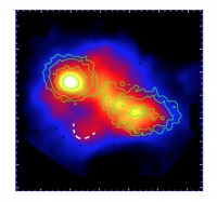 確認された銀河団衝突の瞬間　白破線は衝撃波の位置を示す（写真：理化学研究所の発表資料より）