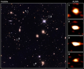 左が、今回観測をした領域のハッブル宇宙望遠鏡による画像。それぞれ何も写っていない場所に、アルマ望遠鏡では巨大星形成銀河の画像（右側）が撮影された。(c) 東京大学/CEA/国立天文台