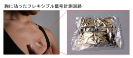 胸に貼ったフレキシブルな生体信号計測回路(写真:産業技術総合研究所の発表資料より) 胸に貼ったフレキシブルな生体信号計測回路(写真:産業技術総合研究所の発表資料より)