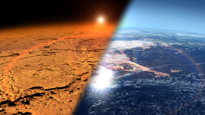 現在の火星表面（左）と過去の火星表面の想像図（右）（c） NASA’s Goddard Space Flight Center