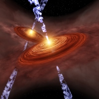 双子原始星からのふぞろいな分子流と円盤の想像図 (c) 国立天文台