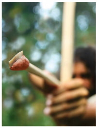 現生人類が三日月形石器を矢に付けて弓で投射するイメージ写真。（c） S.Ricci