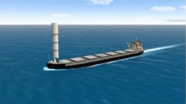 ウィンドチャレンジャー搭載石炭船のシミュレーション画像（航行中の様子）。（画像:商船三井発表資料より）