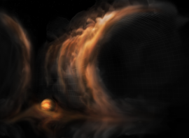 原始惑星系円盤内でガスが滝のように流れる様子の想像図 （c） NRAO / AUI / NSF, S. Dagnello.