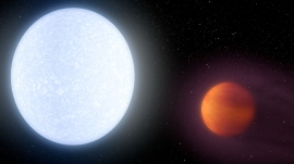 主星である恒星KELT-9（左）と惑星KELT-9b（右）の想像図。(c) NASA/JPL-Caltech/R. Hurt (IPAC)