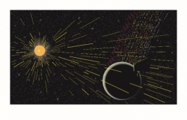 月から流出する炭素のイメージ図。太陽照射を受けて炭素が月表面から放出し電離され、周囲の電場方向(図の場合は上向き)に運動するという(画像: 九州大学の発表資料より) 月から流出する炭素のイメージ図。太陽照射を受けて炭素が月表面から放出し電離され、周囲の電場方向(図の場合は上向き)に運動するという(画像: 九州大学の発表資料より)