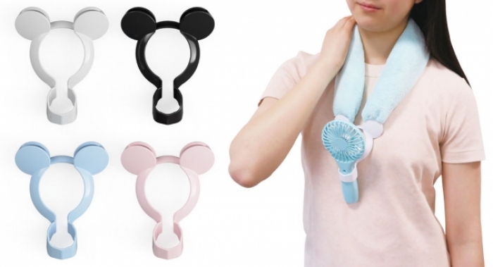 東京ファンが発売したハンディ扇風機用ホルダー。濡れたタオルで首から下げると、マスクに冷たい風が届く（画像: 東京ファンの発表資料より）