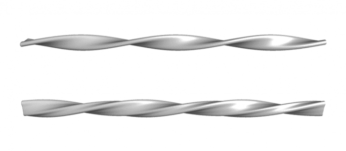 地上で形成されたアミロイド線維（上）とISSの日本実験棟きぼうでの微小重力環境下で形成されたアミロイド線維（下）。 独特な構造をもつ。 （c） JAXA/NINS