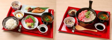 近大が開発した技術で養殖された魚の味を堪能できる「近大朝御膳」（左）と「近大紅白手桶寿司」