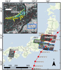 分析を行った観測データ（2019年台風19号）と学習データ（2018年西日本豪雨水害）。2018年西日本豪雨の被災地（岡山県倉敷市真備町）の浸水域のデータを機械学習し、2019年台風19号の福島県郡山市の浸水域を推定した。（画像: 東北大学の発表資料より）