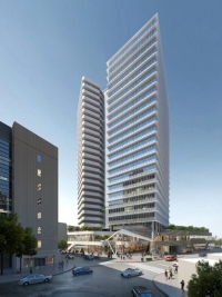 計画段階の図面を基に作成されたJR大宮駅西口再開発の完成予想イメージ （東京建物発表資料より）