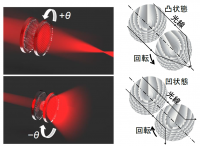 ２枚のレンズで構成され、回転によって凹レンズ、凸レンズに変えられる新規開発のメタレンズ（画像: 東京農工大学の発表より）