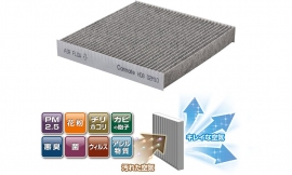 集塵、消臭効果に加え、抗ウイルス、菌、カビなどのアレル物質の活動を抑制する「エアデュース 抗菌抗ウイルス消臭エアコンフィルター」（画像：カーメイト発表資料より）