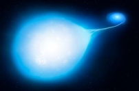 約3000万年後のHD265435のイメージ　準矮星の表面にあるガスが白色矮星によって吸い寄せられ涙を流しているかのように見える。 (c) University of Warwick / Mark Garlick