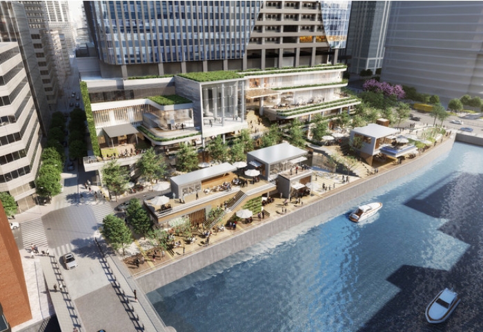 八重洲一丁目北地区再開発の日本橋川沿い低層部イメージ（東京建物発表資料より）