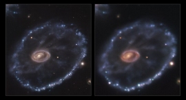 2014年（左側）と2021年（右側）に撮影されたカートホイール銀河。右側写真の左下部分に明瞭な白い点が移っている。これが超新星爆発の姿である。(c) ESO