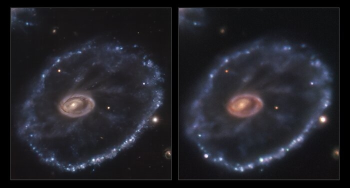 2014年（左側）と2021年（右側）に撮影されたカートホイール銀河。右側写真の左下部分に明瞭な白い点が移っている。これが超新星爆発の姿である。(c) ESO