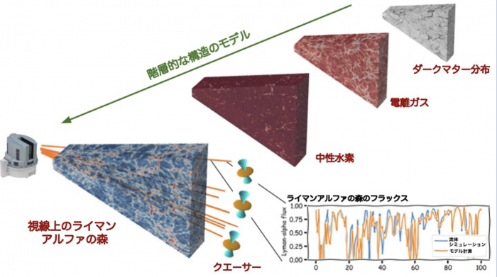 ダークマター、電離ガス、中性水素の分布などの階層的分布を利用してライマンアルファの森の観測データを再現する様子　出典：大阪大学