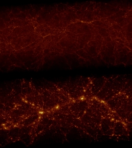 110億光年の彼方にあるCOSMOSフィールドの観測データが示す宇宙の構造（上）と、現在のこの領域が進化を遂げていると推定される宇宙の構造を示した解析結果（下）。(c) Ata et al.（画像: 東京大学国際高等研究所カブリ数物連携宇宙研究機構の発表資料より）