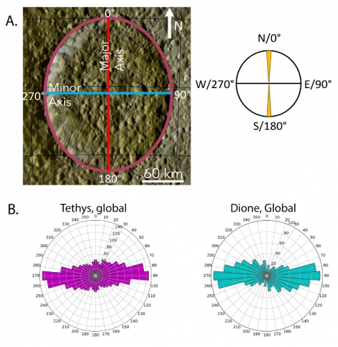 土星の衛星テティスとディオーネの赤道に沿った楕円形のクレーターのパターン (c) NASA / JPL / SSI / Lunar and Planetary Institute